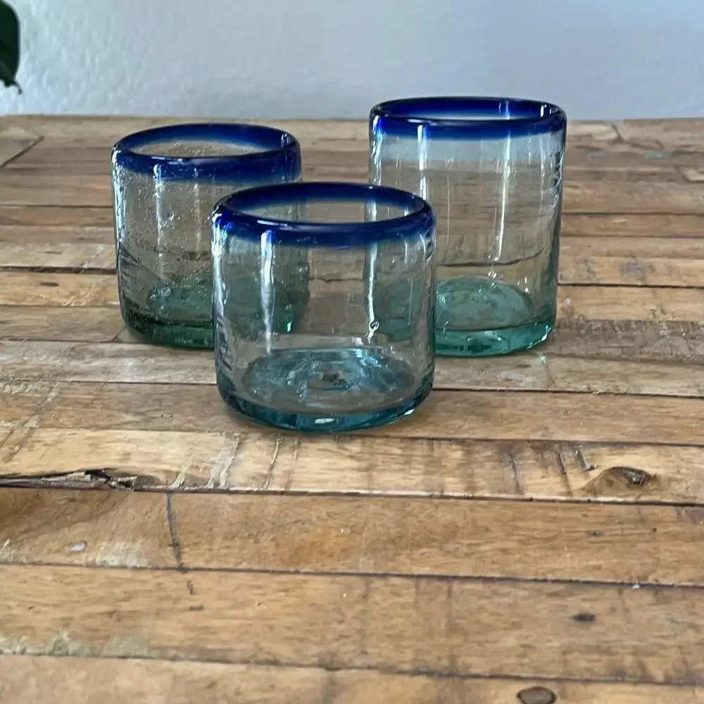 Hand-Blown Mexican Short Tumblers Set of 3 Clear Blue Rim